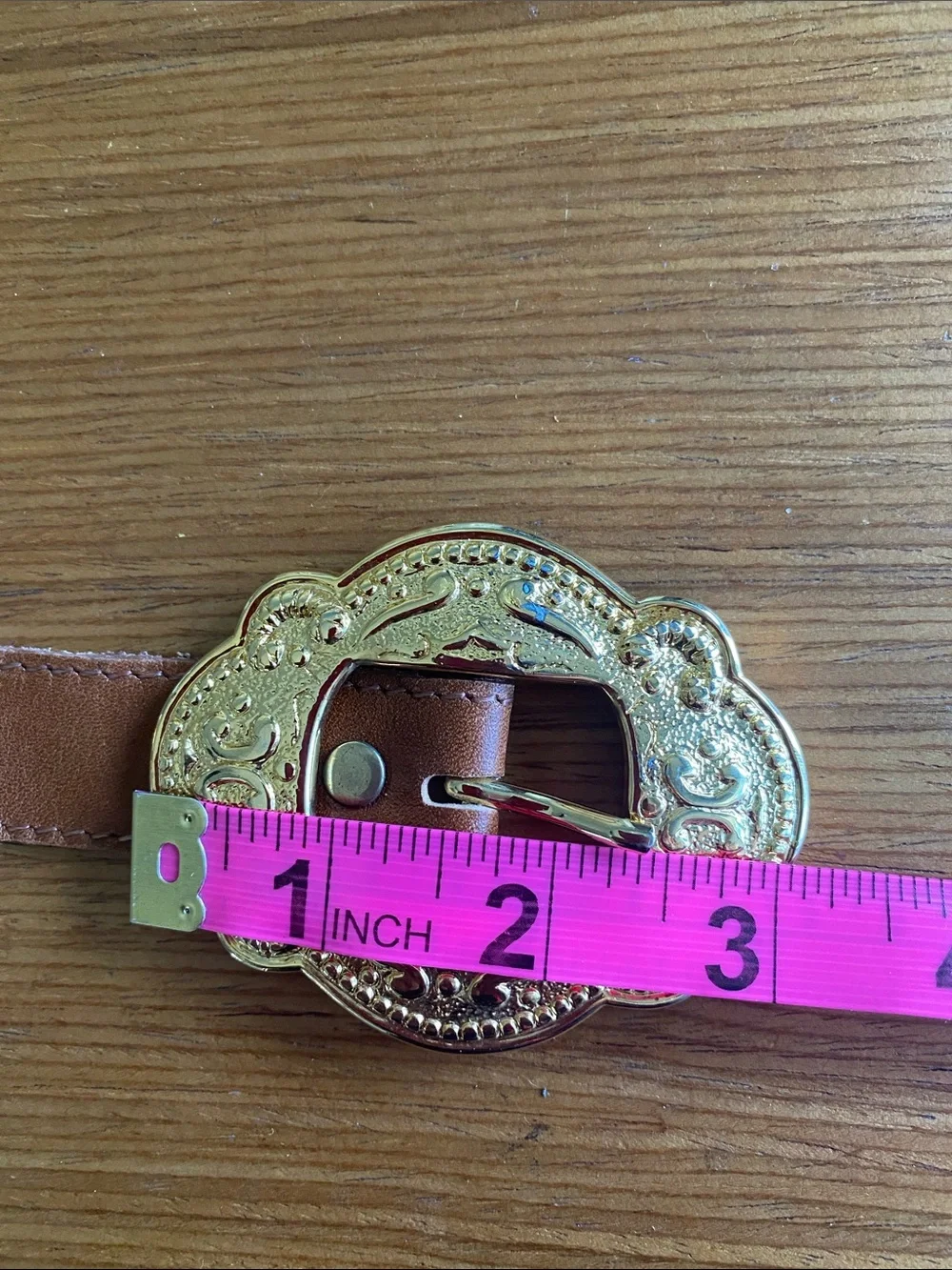 Vintage Accessory Lady Brown Leather Belt W/ Ornate Gold Buckles Substantial  L